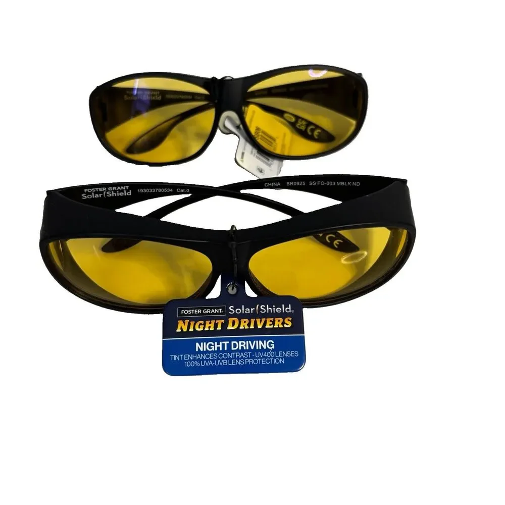 2 Pairs Foster Grant Solar Shield FO-003 Night Drivers UV400 Yellow Lenses NEW